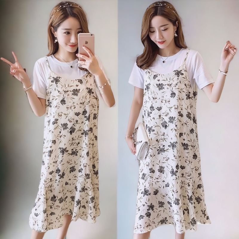 Dress4749 เซ็ท(เสื้อ+เดรส) เสื้อยืดสีขาว+เดรสสายเดี่ยวชายระบายลายดอกไม้สีครีม ผ้าชีฟองเกรดพรีเมียมเนื้อหนาสวยมีน้ำหนัก งานดีทรงดี ลายสวยน่ารัก ใส่เที่ยวทะเลหรือใส่ในวันสบายๆ ก็ดูดีจ้า