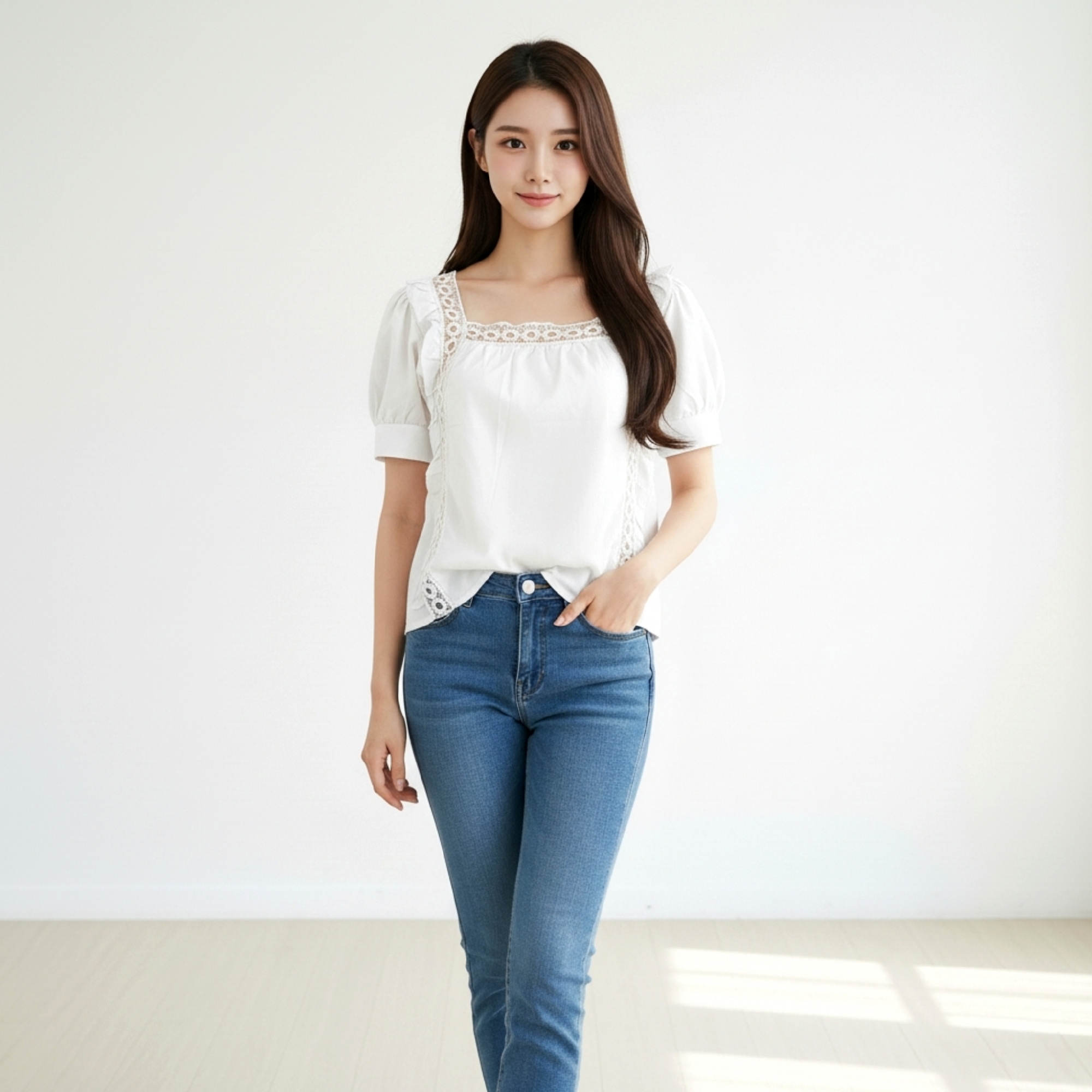 Blouse3903 เสื้อแฟชั่นน่ารักทรงคอเหลี่ยมแต่งระบายลูกไม้ แขนตุ๊กตา ผ้าคอตตอนเนื้อดีหนาสวย แมทช์กับอะไรก็สวย มี 2 สี ขาว, เหลืองมัสตาร์ด