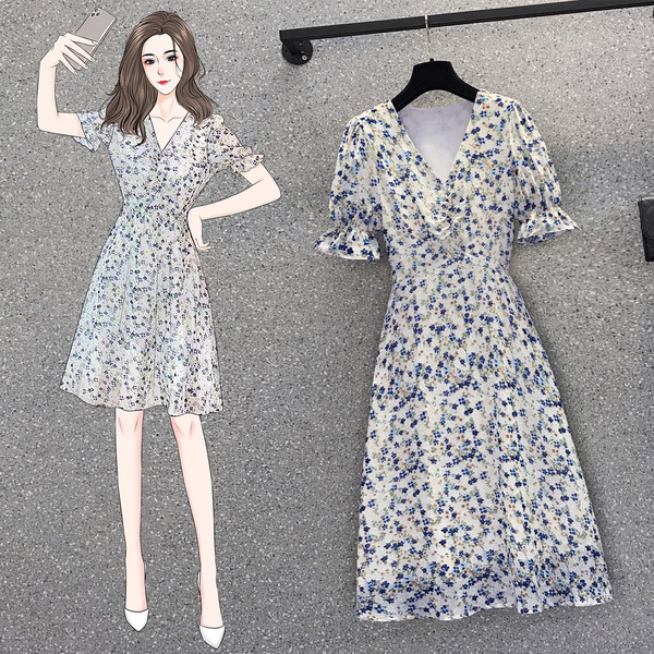 เดรสคนอ้วน เดรสสาวอวบ ชุดเดรสคนอ้วนวัยรุ่น เดรสชีฟองลายดอกไม้ BY PLUS SIZE Girl