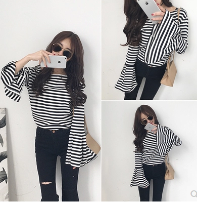 เสื้อเชิ้ตแฟชั่น ลายทาง แต่งแขนเก๋ๆ พร้อมส่ง