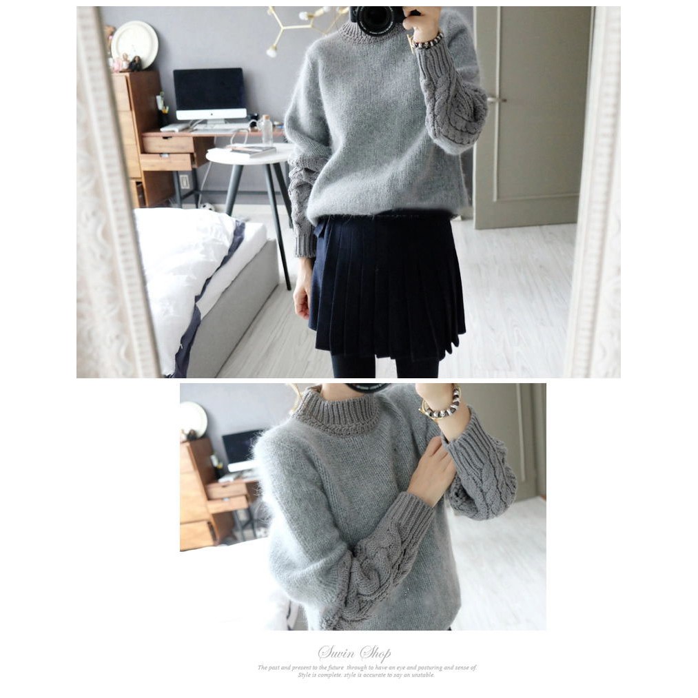 Sweater เสื้อไหมพรมถักขนๆ สีเทา แต่งดีเทลช่วงแข ใส่ตัวเดี๋ยวได้เลยเก๋ๆ ยืดได้เยอะ เทา