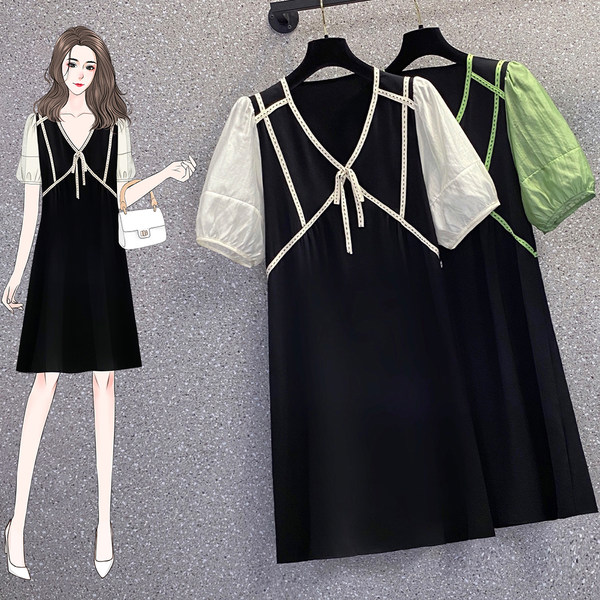 เดรสคนอ้วน เดรสสาวอวบ ชุดเดรสคนอ้วนวัยรุ่นแขนสั้น BY PLUS SIZE Girl