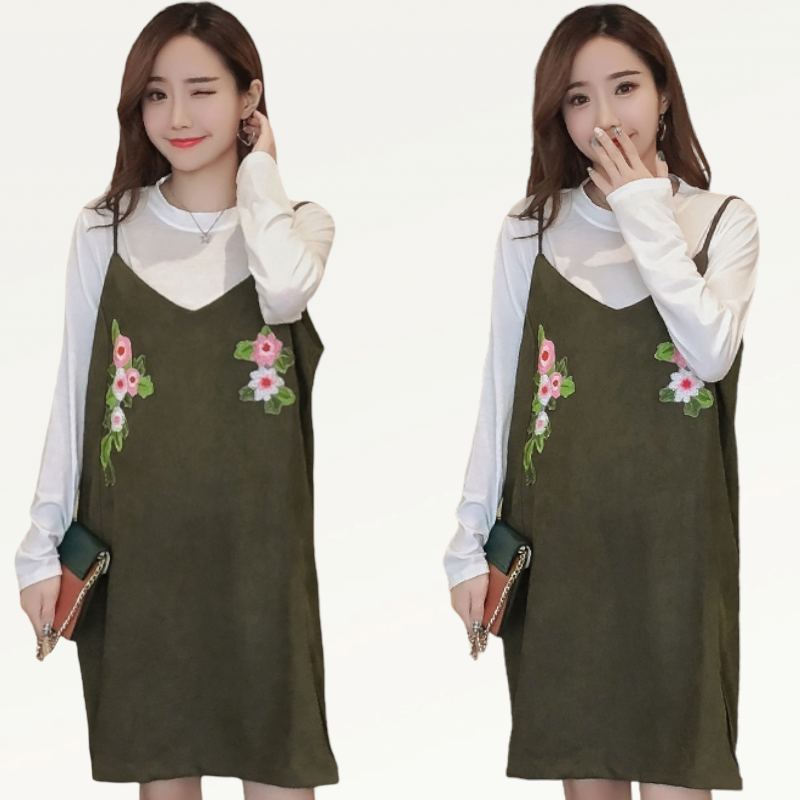 Dress4729 เสื้อแขนยาว+เดรสกระโปรงแต่งลายปักดอกไม้ผ้าคอตตอนกำมะหยี่เนื้อดีหนานุ่มมีน้ำหนักทิ้งตัว งานดีดูสวยแพง