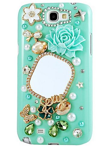 เคสโทรศัพท์ เคส Samsung Galaxy Note 2 N7100 เคส Hand made 3 D สีเขียว ติดมุก ติด คริสตัล สีเขียว มรกต ดอกไม้ ติดกระจก สุดหรู 361124