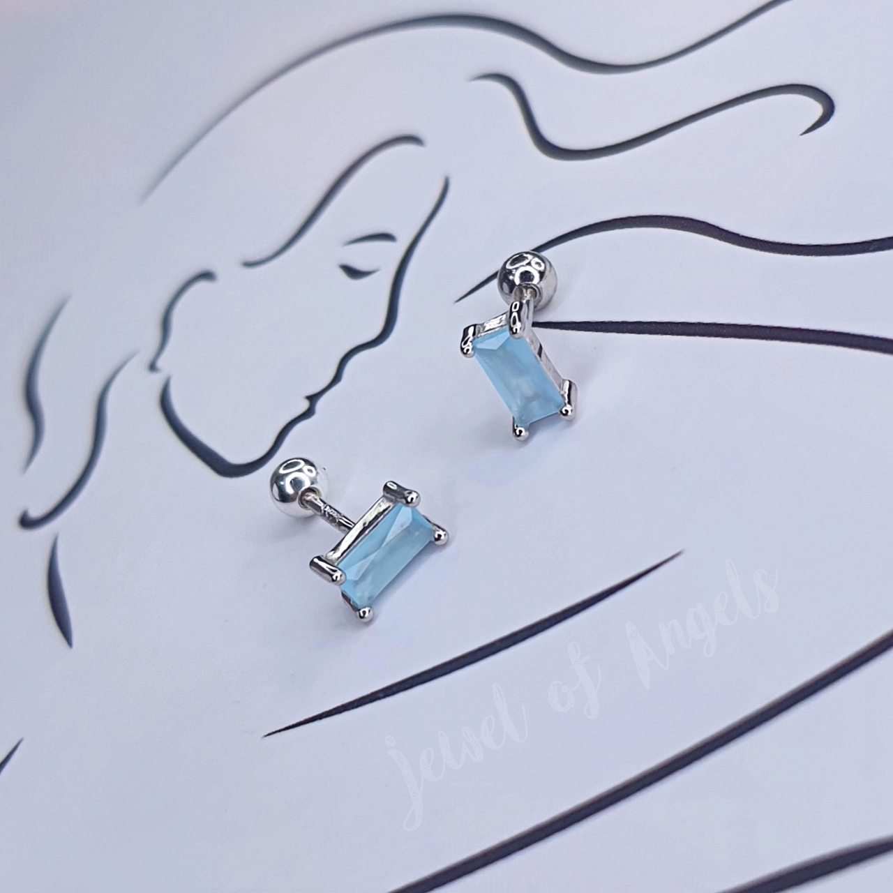 ต่างหูเงินแท้S925 รุ่น Chance ต่างหูเพชรCZ สี่เหลี่ยม สีฟ้า แป้นหลังบอล เงินแท้ทั้งชิ้น Silver925 ต่างหูผู้ชาย ต่างหูผู้หญิง