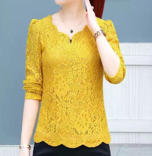 เสื้อผ้าลูกไม้ สีเหลือง เสื้อผู้หญิง ผ้าลูกไม้ สีเหลือง คอวี เสื้อลูกไม้ แขนยาว คอกว้าง แบบเก๋ ๆ มีดีไซน์ แบบเปรี้ยวเล็กน้อย ใส่ออกงาน ใส่เที่ยว 25961_1