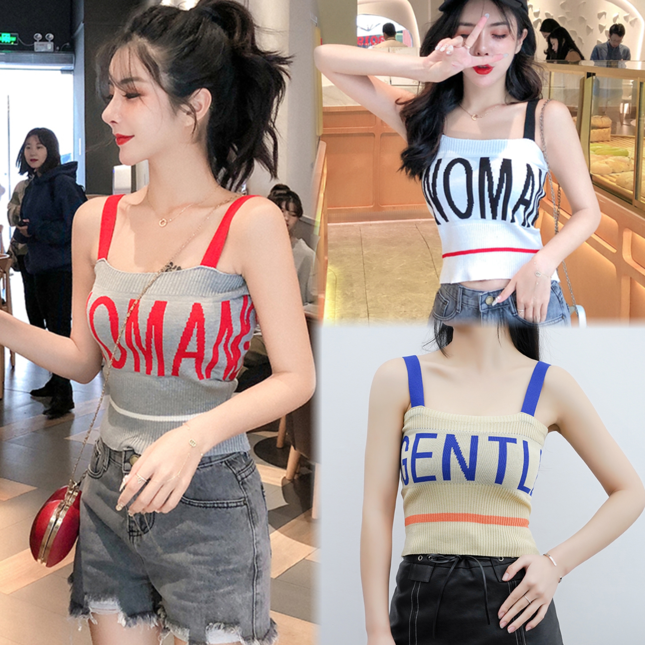 Blouse3831 เสื้อครอปไหมพรมอกแต่งลายตัวอักษร ผ้าไหมพรมถักเนื้อนุ่มยืดหยุ่นได้ งานน่ารักเซ็กซี่เบาๆ แมทช์กับขาสั้นหรือขายาวก็ดูดีไม่แพ้กัน มี 3 สี ขาว, ครีม, เทา