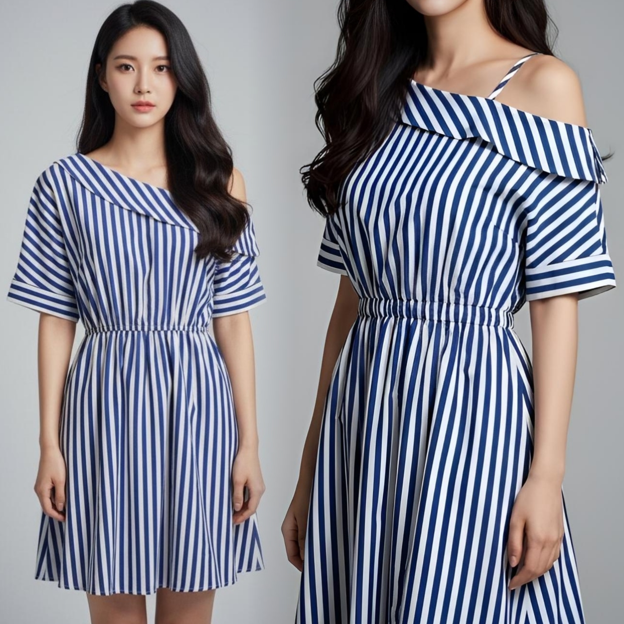 👗 Dress4305 เดรสลายทางสีน้ำเงิน-ขาว ดีเทลเปิดไหล่เพิ่มเสน่ห์เล็กๆ ให้ลุคดูสดใสทันสมัย