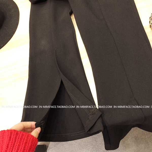 กางเกงขายาว 5 ส่วน ผ่าหน้า ผ้าใยสังเคราะห์ ยืดได้นิดหน่อย ไม่หนา พร้อมส่ง black