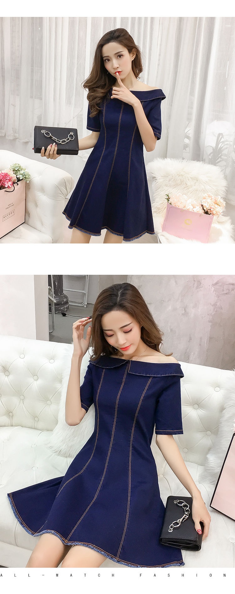 Dress4501 เดรสยีนส์เปิดไหล่แขนสามส่วน ซิปหน้าใส่ง่าย แต่งชายรุ่ยดูมีดีเทล ผ้ายีนส์แท้ยีนส์ยืดเนื้อดี