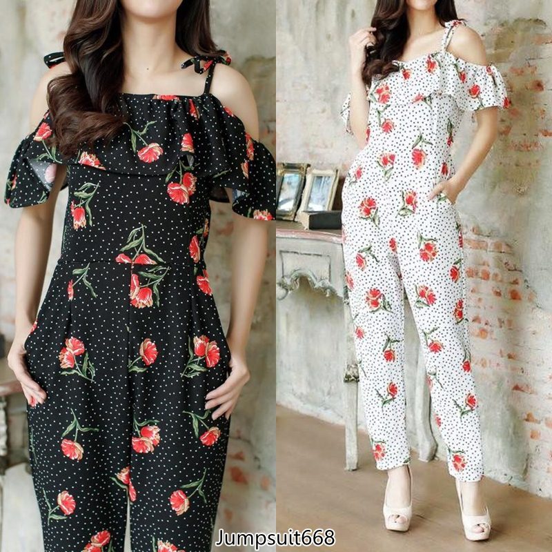 Jumpsuit668 Big Size จัมพ์สูทขายาวทรงเว้าไหล่แต่งระบายลายจุดดอกไม้ เอวสม็อคยางยืด มีกระเป๋าข้าง ผ้าวูลเวฟ(ผ้าหนังไก่)เนื้อดีหนานุ่มใส่สบาย ผ้ายืดขยายได้เยอะ งานดีทรงดีลายสวย ชุดเดียวสวยจบ มี 2 สี ขาว, ดำ