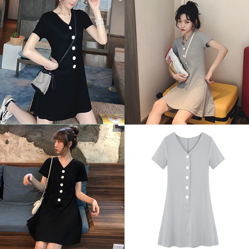 Dress4657 มินิเดรสคอวีกระดุมหน้า ผ้าคอตตอนเนื้อดีนุ่มใส่สบายยืดหยุ่นสูง งานน่ารักสไตล์มินิมอล ใส่เก๋ๆ ได้บ่อย มี 2 สี เทา, ดำ