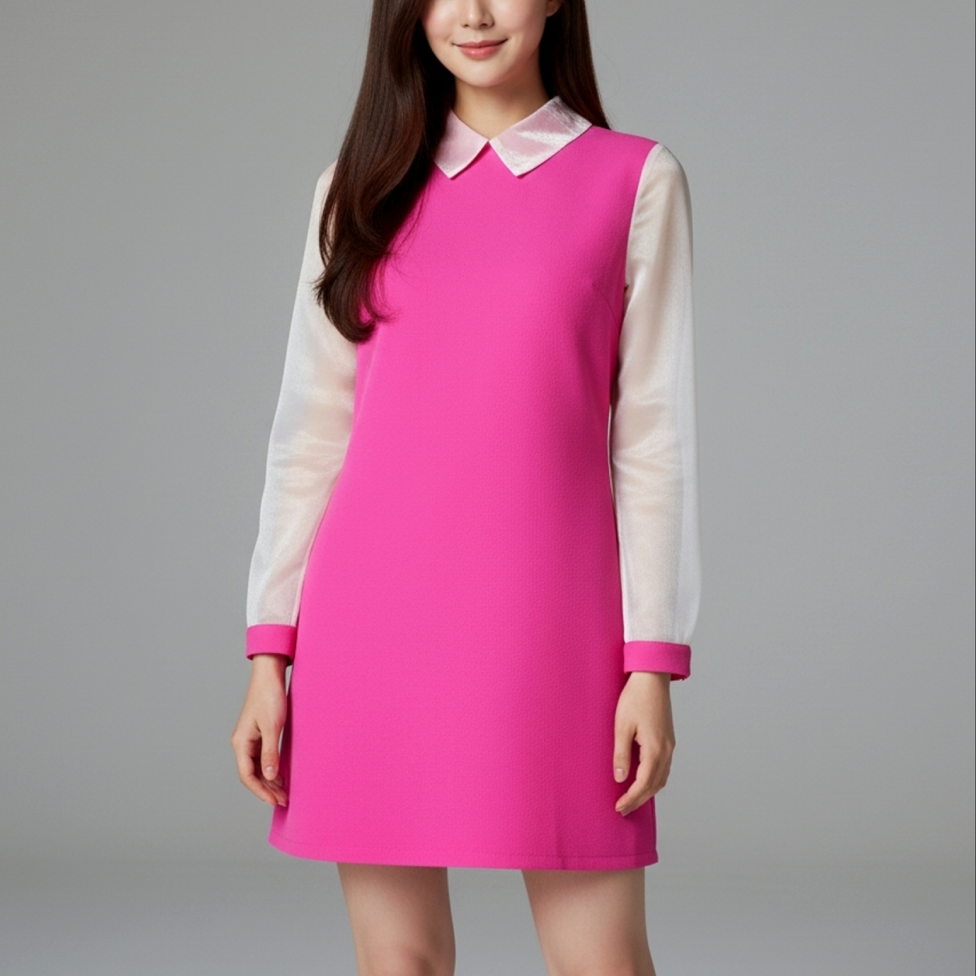 🌸 Dress3117 เดรสแขนยาวคอปกผ้าโฟร์เวย์สีชมพูช็อคกิ้งพิ้งค์ แต่งผ้าแก้วเนื้อนุ่มที่คอและแขน เติมลุคเกาหลีหวานละมุน เรียบหรูดูดีได้ทุกโอกาส