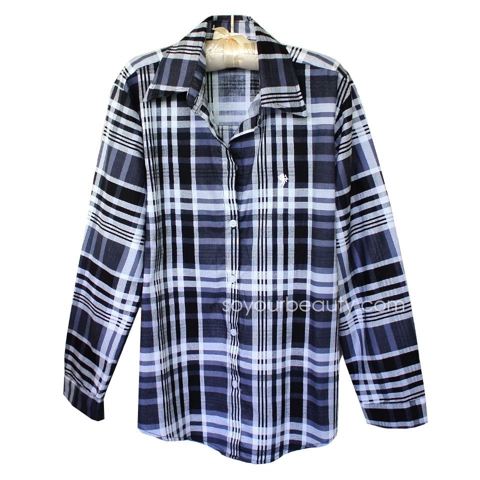 เสื้อเชิ้ตแฟชั่น เสื้อเชิ้ตลายสก๊อตขาวดำ