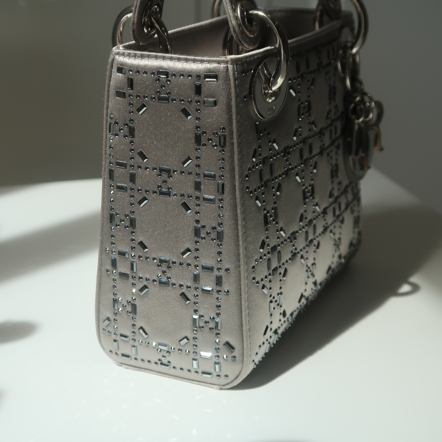 Christian Dior Grey Strass Cannage Satin Mini Lady Dior SHW