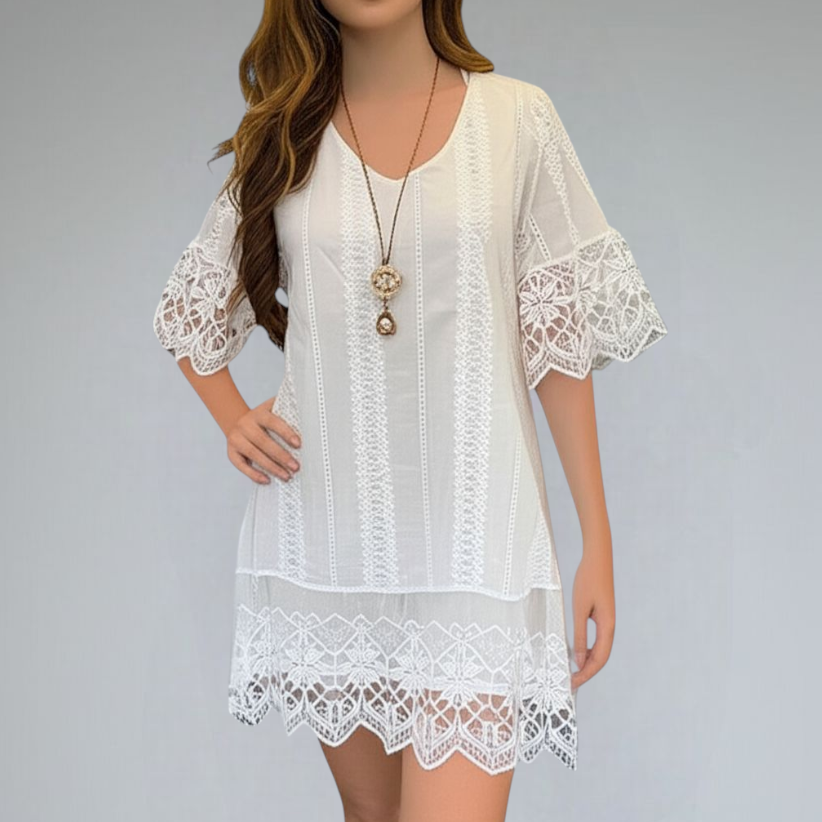 🌼 Dress4687 เดรสผ้าฉลุแต่งลูกไม้สวยหรู มีซับใน ผ้านุ่ม ทรงปล่อย ใส่สบาย เรียบง่ายแต่ดูดี