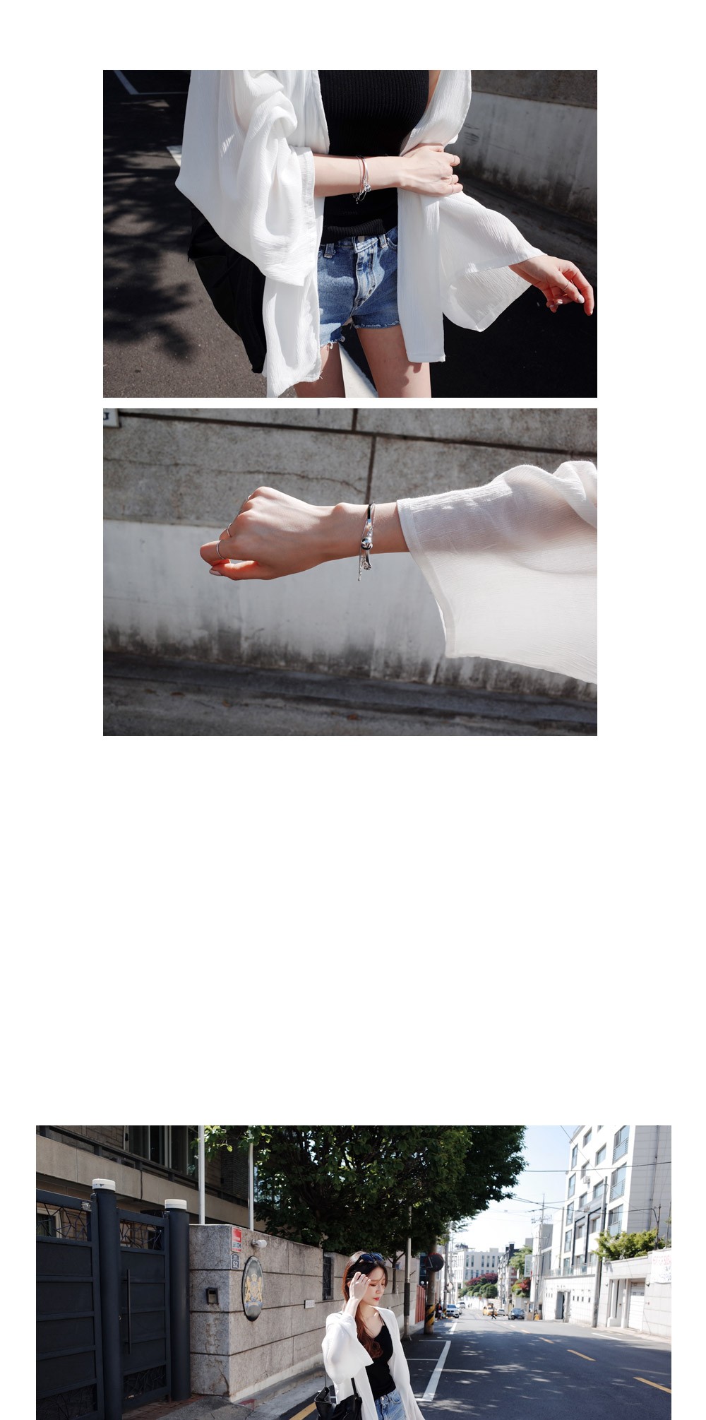 เสื้อคลุมชีฟองสีขาว ทรงโคล่ง ผ้าเป็นลายริ้วในตัวเนื้อดี เก๋ไก๋ดูดี ใส่ได้หลายแบบ พร้อมส่งจ้า white