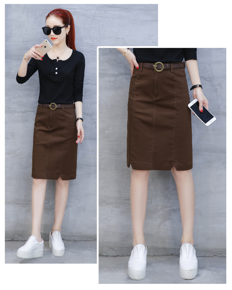 Skirt342 กระโปรงแฟชั่นผ้าคอตตอนยีนส์เนื้อดีหนาสวยสีพื้นทรงเข้ารูป ซิปหน้า กระเป๋าข้าง งานดีแมทช์ง่าย ทรงสวยเป๊ะ ใส่กับเสื้อตัวไหนก็ดูดี มี 2 สี ดำ, น้ำตาล