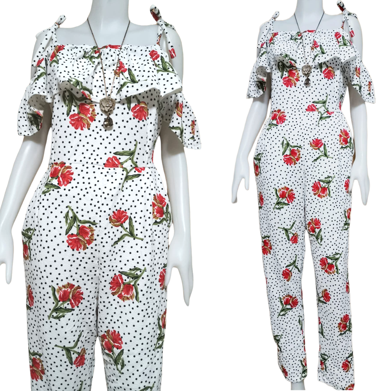 Jumpsuit668 Big Size จัมพ์สูทขายาวทรงเว้าไหล่แต่งระบายลายจุดดอกไม้ เอวสม็อคยางยืด มีกระเป๋าข้าง ผ้าวูลเวฟ(ผ้าหนังไก่)เนื้อดีหนานุ่มใส่สบาย ผ้ายืดขยายได้เยอะ งานดีทรงดีลายสวย ชุดเดียวสวยจบ มี 2 สี ขาว, ดำ
