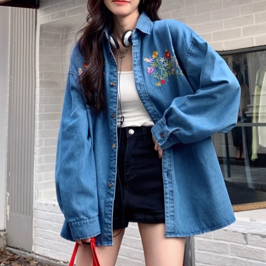 เสื้อแจ็คเก็ตยีนส์ ตัวใหญ่ ใส่สวย ลายปัก เสื้อคลุมยีนส์ แขนยาว สำหรับผู้ใหญ่ ใส่คลุม เที่ยว แบบเท่ ๆ 436960
