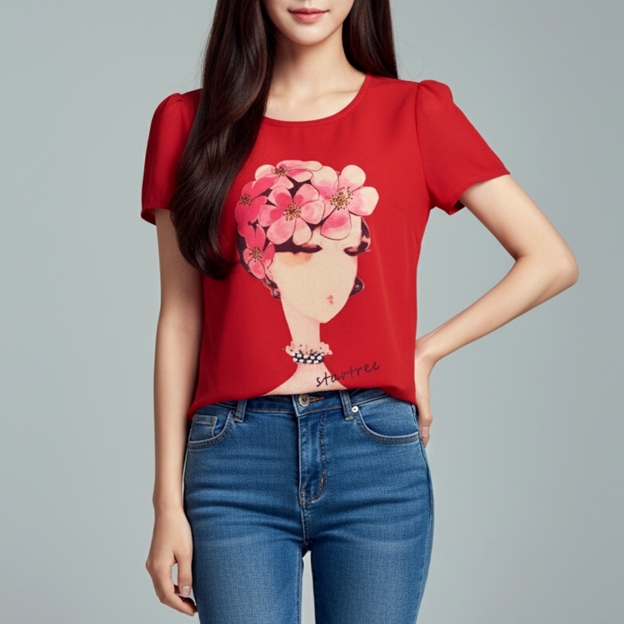 Blouse1788 เสื้อแฟชั่นผ้าชีฟองเนื้อทรายสีแดง แขนสั้น ดีเทลแต่งลายผู้หญิงปักมุก งานสวยแมทช์กับอะไรก็เข้า