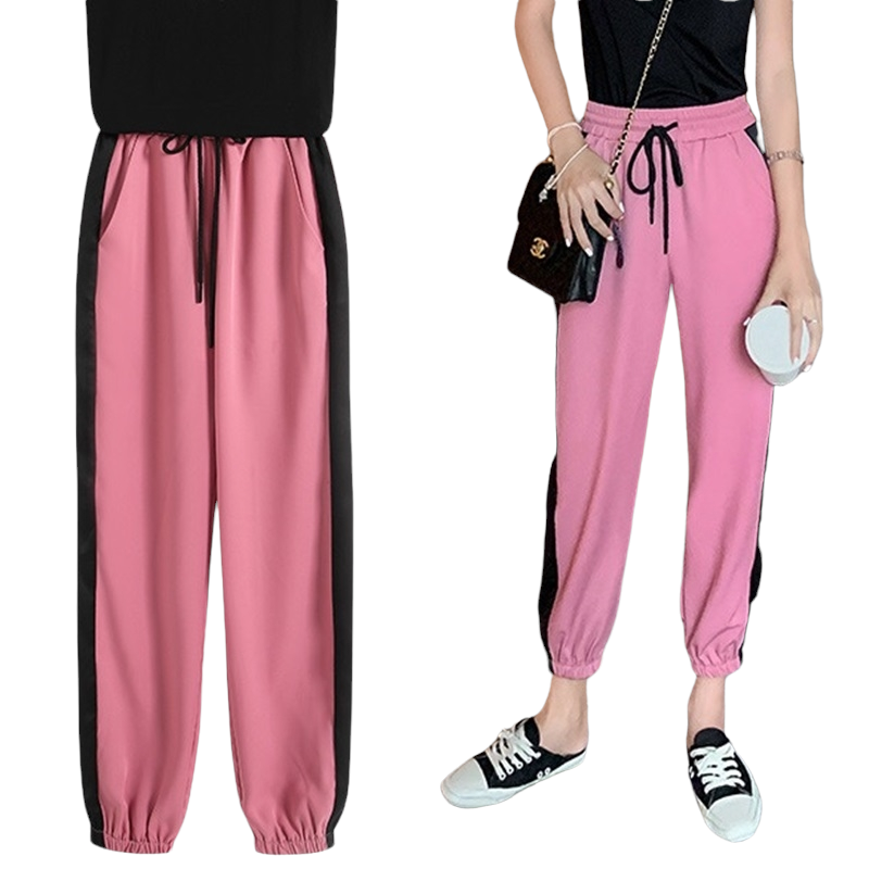 Trousers518 กางเกงขายาวปลายขาจัมพ์สีชมพูแต่งแถบข้างสีดำ เอวยางยืด มีกระเป๋าข้าง ผ้าซาตินกำมะหยี่เนื้อดีนุ่มใส่สบาย งานน่ารักเก๋ๆ ใส่สวย แมทช์กับอะไรก็เข้า