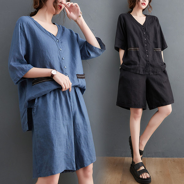 เสื้อทีเชิ้ตคนอ้วนผู้หญิงสไตล์คอตตอนลินินมีไซต์อก 47-48 นิ้ว
