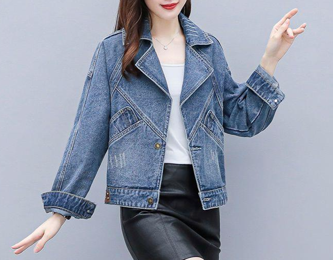 เสื้อแจ็คเก็ตยีนส์สั้นแขนจั้ม สำหรับผู้หญิง เสื้อยีนส์ ใส่เที่ยว ปกใหญ่ แบบน่ารัก ๆ เสื้อ jacket ใส่สวย ๆ 479028