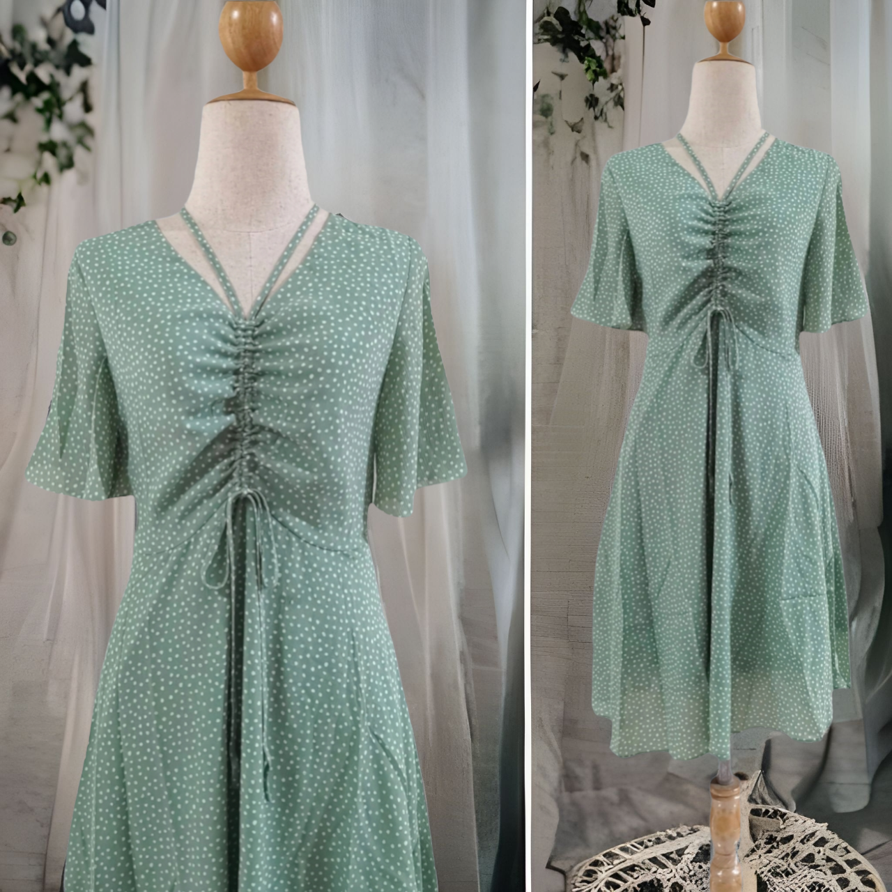 Dress4742 เดรสชีฟองลายจุดสีเขียวมิ้นท์ ทรงคอวีรูดหน้า แขนทรงปล่อย ซิปหลังใส่ง่าย มีซับในอย่างดี ผ้าเนื้อดีเกรดพรีเมียมมีน้ำหนักทิ้งตัว ทรงนี้ดูดีสวมใส่ได้ทุกโอกาส