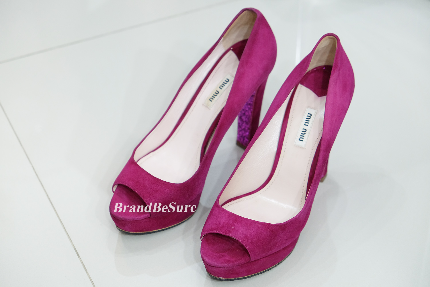 Miu Miu Fushia Pink Suede (Goat) Peep Toes Glitter Heel 5.5" Size 40