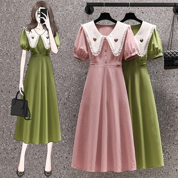 เดรสคนอ้วน เดรสสาวอวบ ชุดเดรสคนอ้วนวัยรุ่น คอกะลาสี สีชมพู เขียว BY PLUS SIZE Girl