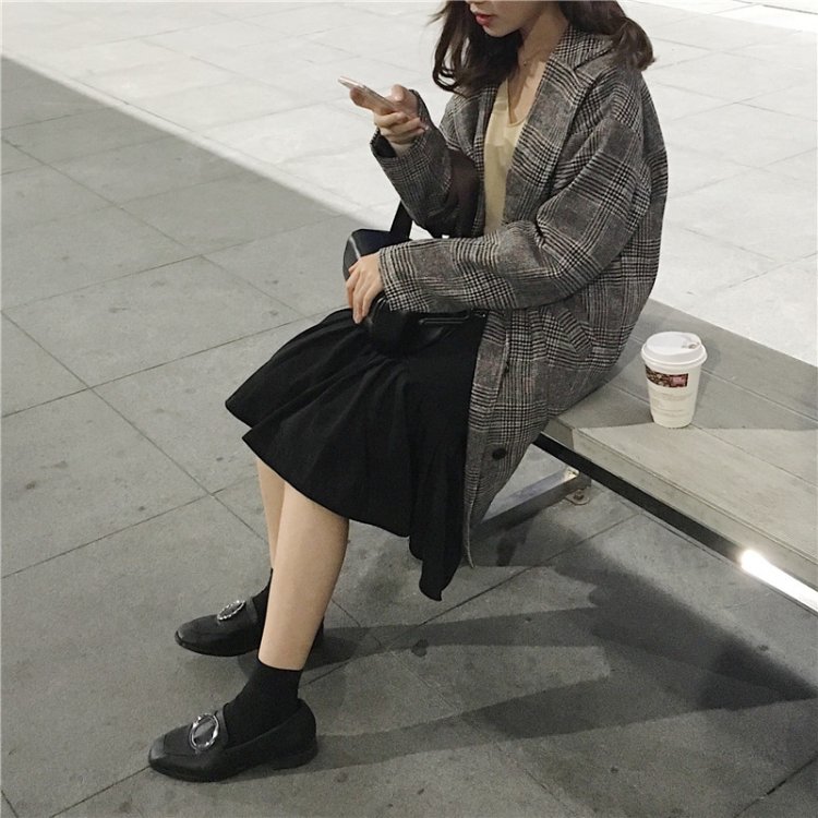 Korea Minimal Coat เสื้อคลุมกันหนาว ตัวยาว สไตล์เกาหลี ผ้าทอลายสก๊อต บุซับในกันลม