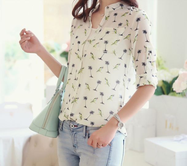 เสื้อแฟชั่นผู้หญิง ผ้าชีฟอง ใส่กับ เสื้อทับ เสื้อชีฟอง ลาย Print ตัวนก เสื้อใส่เที่ยว แบบดูดี มีสไตล์ 185317