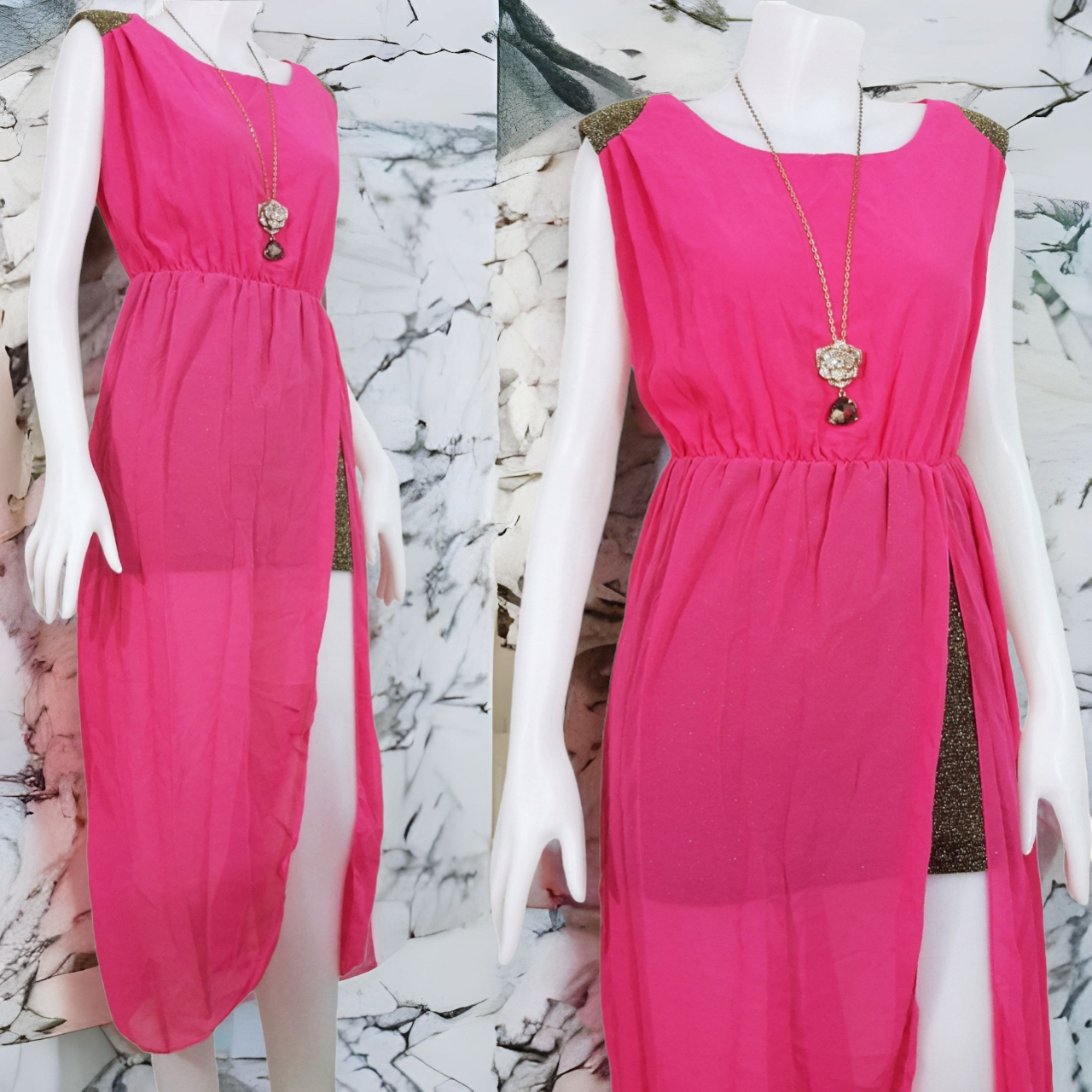 Dress2220 แม็กซี่เดรส/เดรสยาวแฟชั่นช่วงไหล่แต่งกากเพชรสีทอง กระโปรงยาวผ่าคลุมกระโปรงสั้นผ้าวิ้งทอง ผ้าชีฟองสีชมพูช็อคกิ้งพิ้งค์