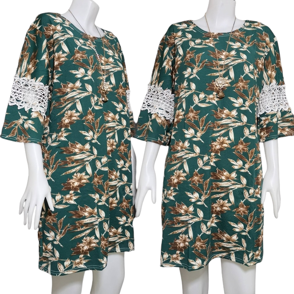 Dress4361 เดรสไซส์ใหญ่ทรงปล่อยลายดอกไม้ แขนสามส่วนระบายแต่งลูกไม้ ผ้าวูลเวฟ(ผ้าหนังไก่)เนื้อดีหนานิ่มมีน้ำหนักยืดขยายได้เยอะใส่สบายสุด งานดีทรงสวย ทรงนี้ใส่ได้เรื่อยๆ มี 5 สี เลือดหมู, เขียว, ชมพู, กรม, ดำ