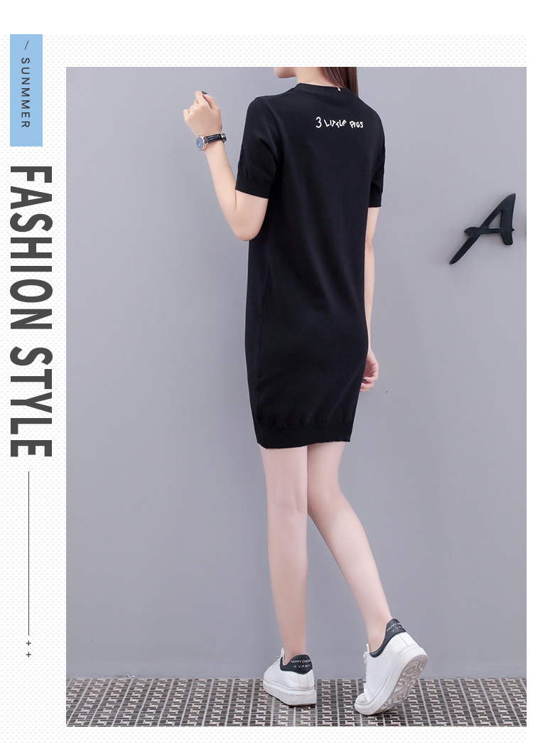 Dress4576 เดรสไหมพรมแขนสั้นสีพื้นดำแต่งลาย Pig ผ้าไหมพรมถักเนื้อนุ่มยืดหยุ่นสูงเนื้อหนาปานกลางใส่ได้ทุกฤดูกาล งานสวยใส่ง่ายน่ารักมาก
