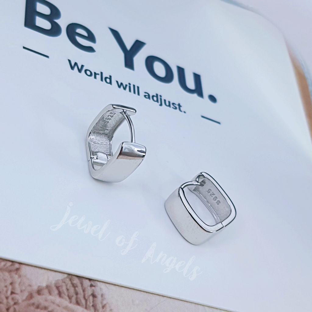 ต่างหูเงินแท้ S925 รุ่น Smooth ต่างหูห่วง4เหลี่ยมหนา สูง10.8mm เงินแท้ทั้งชิ้น Silver925 ต่างหูผู้ชาย