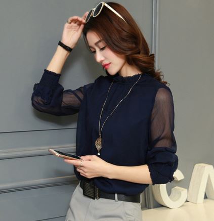 เสื้อเชิ้ตผู้หญิง เสื้อเชิ้ตแขนยาว ผ้าซีฟอง เสื้อแฟชั่น แขนยาว ใส่เที่ยว ใส่ทำงาน ปิดคอ แขนยาว เรียบเก๋ มีสไตล์ 837565