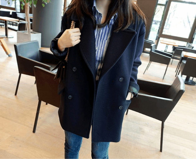 เสื้อโค้ทกันหนาว สีกรม ทรงกำลังดีไม่ยาวเกินไป ผ้าดีบุซับในกันลม พร้อมส่ง กรมท่า