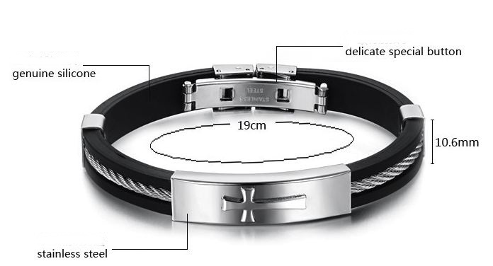 สร้อยข้อมือผู้ชาย กำไลข้อมือผู้ชาย สายซิลิโคน แท้ สีดำ ผสมผสาน กับ สแตนเลส ปั้มลาย ไม้กางเกง นูน สร้อยข้อมือไม้กางเขน น่าใส่ 361622