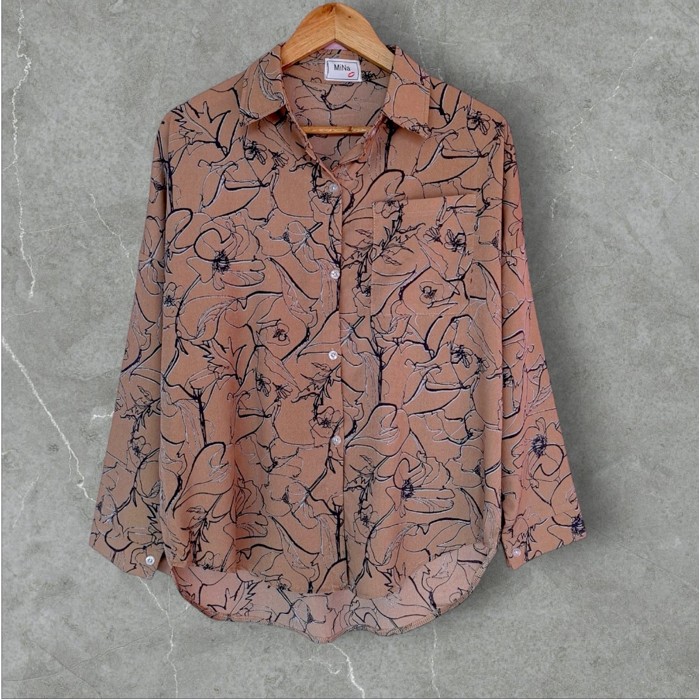 Blouse4074 เสื้อเชิ้ตแขนยาวสีน้ำตาลลายดอกไม้ กระดุมผ่าหน้า ผ้าชีฟองทึบแสงเนื้อนิ่มทิ้งตัว