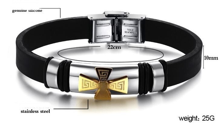 สร้อยข้อมือผู้ชาย กำไลข้อมือผู้ชาย ไทเทเนี่ยม ผสม ซิลิโคน ดีไซน์รูป กากากบาท สีทอง และ สีทอง สวยเท่ อย่างมีสไตล์ 897602