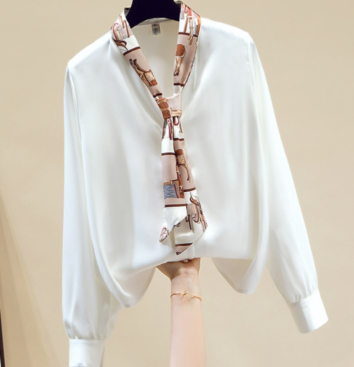 เสื้อเชิ้ตผู้หญิง เสื้อเชิ้ต ใส่ทำงาน แขนยาว สีขาว ผ้าซีฟอง แบบเก๋ ๆ พร้อมผ้าคล้องคอ แบบสวย ๆ 155077