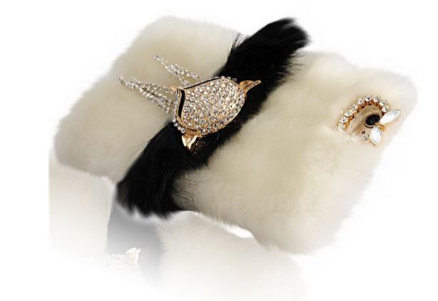 เคส iPhone 6 Plus 5.5 นิ้ว เคสขนมิ้ง ขนเฟอร์ เคสไฮโซ ขนนุ่ม สีขาว เคสขนกระต่ายแท้ คาดกลาง ด้วยสีดำ ติด คริสตัล สุนัขจิ้งจอก สุดหรู ยอดนิยม 506437