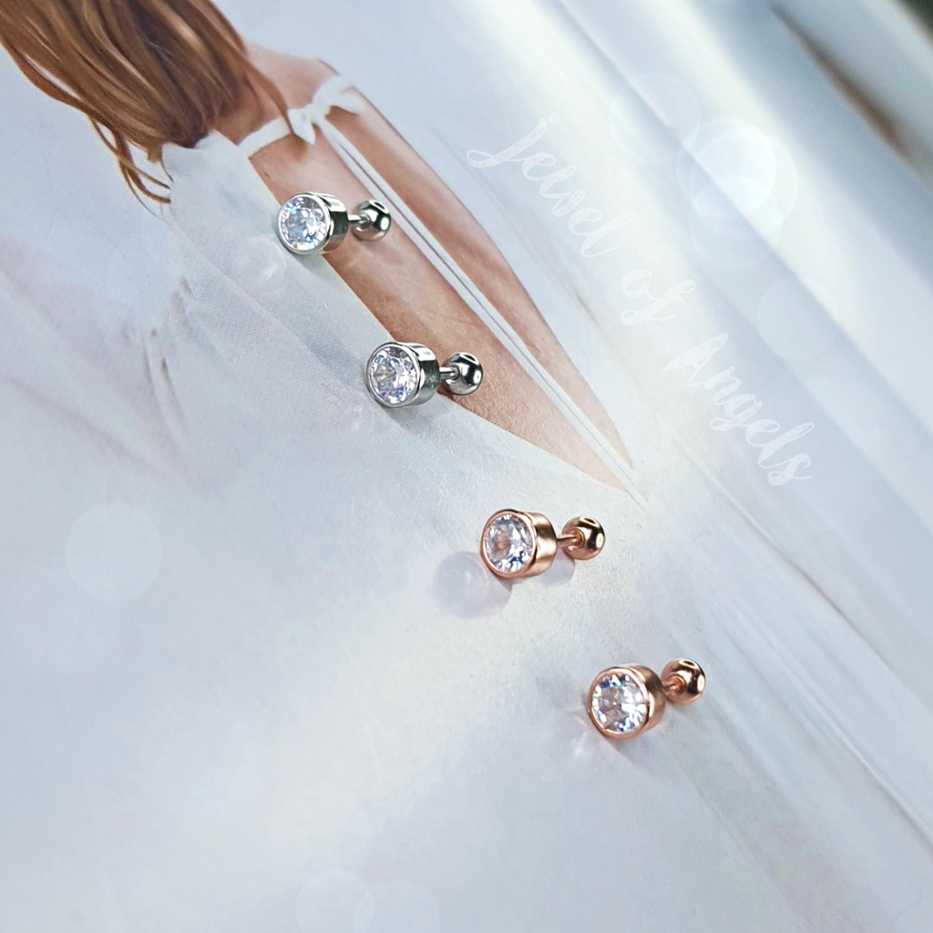 ต่างหูเงินแท้ S925 รุ่น Moon ต่างหูก้านเสียบ จิวกลม เพชรCZ แป้นหลังบอลกลม สีเงิน สีพิงค์โกลด์ ตุ้มหูมินิมอล