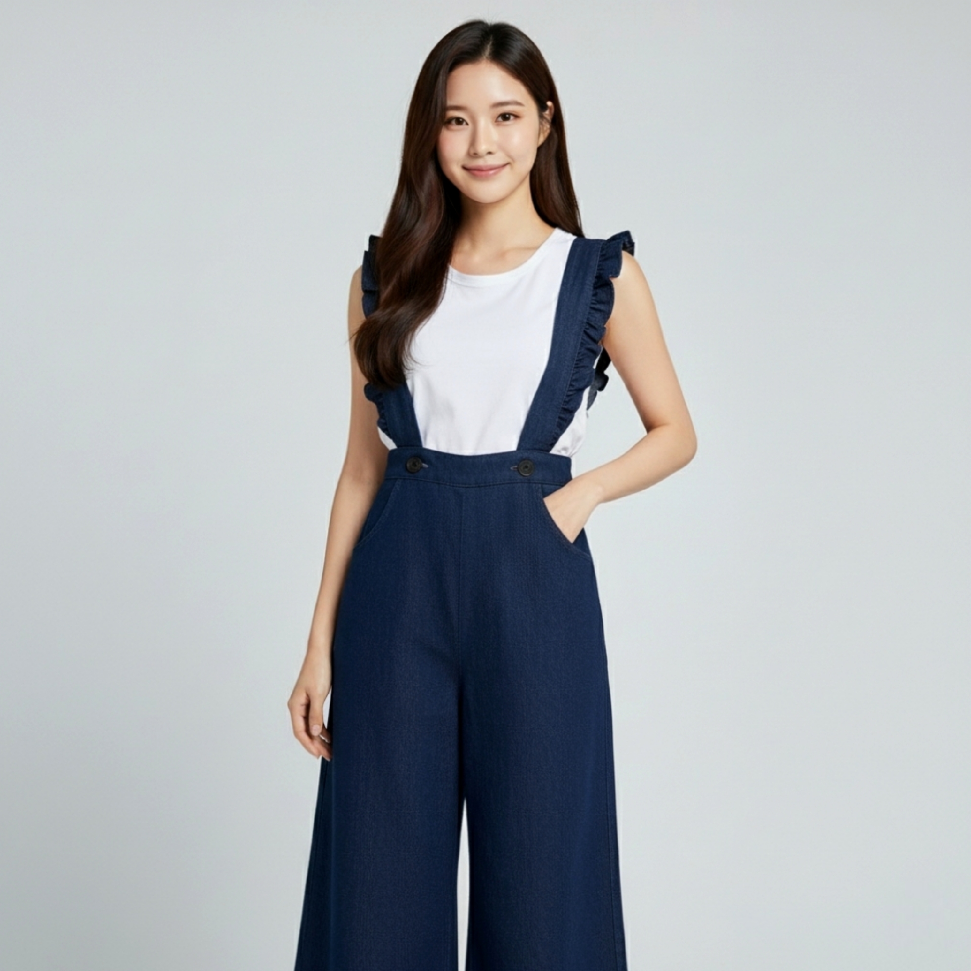 👖 Jumpsuit662 ชุดเอี๊ยมยีนส์ขายาว ผ้ายีนส์แท้สียีนส์เข้ม ทรงกระบอกใหญ่ปลายขาบานเล็กน้อย เอวสม็อคเข้าทรง แมทช์ง่าย ดูเก๋มีสไตล์ทุกลุค