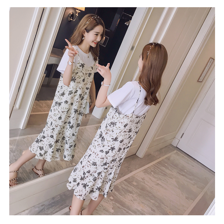 Dress4749 เซ็ท(เสื้อ+เดรส) เสื้อยืดสีขาว+เดรสสายเดี่ยวชายระบายลายดอกไม้สีครีม ผ้าชีฟองเกรดพรีเมียมเนื้อหนาสวยมีน้ำหนัก งานดีทรงดี ลายสวยน่ารัก ใส่เที่ยวทะเลหรือใส่ในวันสบายๆ ก็ดูดีจ้า
