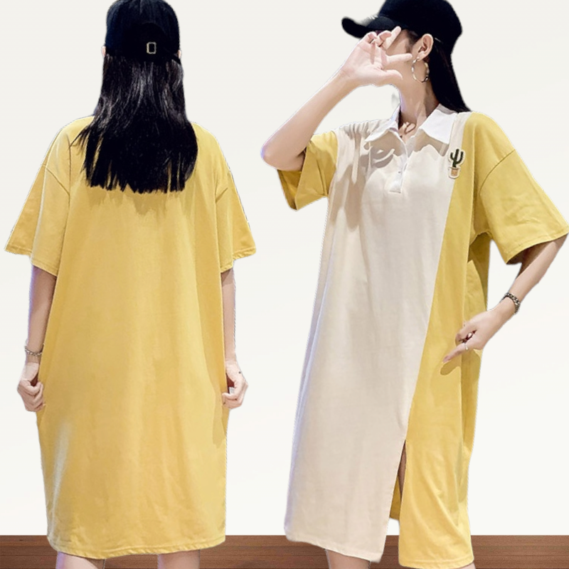 Dress4519 เดรสทรงโอเวอร์ไซส์เดรสสาวอวบคอปกสีเหลืองครีม อกปักกระบองเพชร ผ้าคอตตอนเนื้อดีนุ่มยืดหยุ่นสูงใส่สบาย ผ่าหน้าเล็กน้อยเพื่อความคล่องตัว งานสวยใส่ง่ายน่ารักมาก