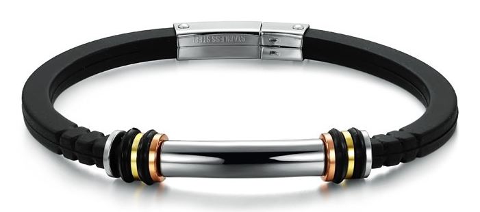 สร้อยข้อมือผู้ชาย กำไลข้อมือผู้ชาย สาย สแตนเลส ผสานกับ silicone แท้สีดำ สลับ ทอง เงิน นาก เรียบหรู มีสไตล์ no 856357