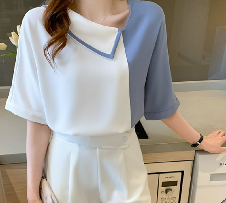 เสื้อแฟชั่น ผู้หญิง เสื้อ คอปาด ผ้าซีฟอง สีทูโทน แบบสวย ดีไซน์ คอปาด สวยเก๋ สีฟ้า และ สีเขียว 540227